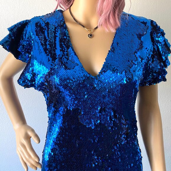 Blue Sequin Mini Dress Flutter Sleeves Disco Party Size Medium Statement Dress - Picture 3 of 9